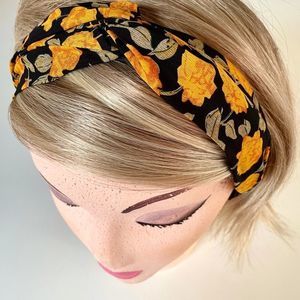 Ladies Floral Fabric Headband with Plastic Base, Black & Golden Yellow F…